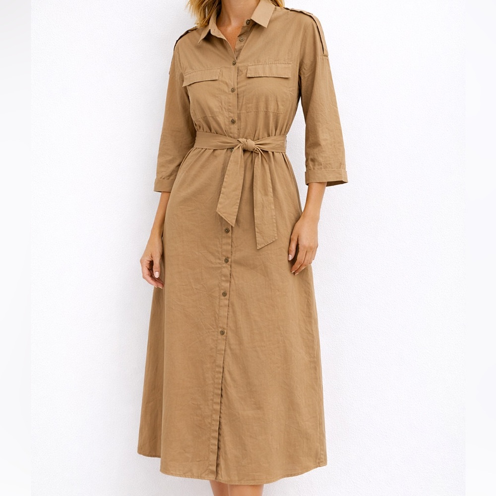NWT Zara shirt dress uniform style in khaki mid-calf length size M